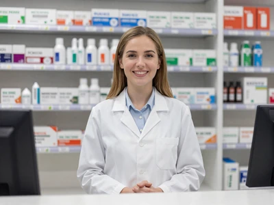 White female pharmacist in a white lab coat at a modern pharmacy counter