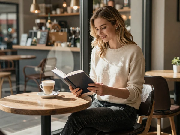 Female pharmacist reading a book in a modern coffee shop on her day off