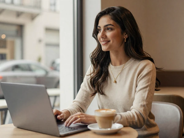 Latina woman in a smart-casual sweater working at a coffee shop with a laptop and latte