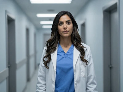 Female surgeon in scrubs standing in a modern surgical ward hallway