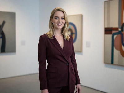 Woman in an elegant jumpsuit at a contemporary art gallery opening