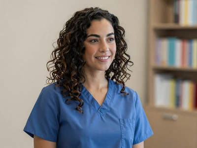 Mixed-ethnicity female nurse midwife in scrubs in a clinic setting
