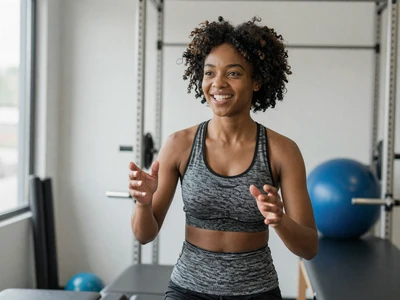 Black female physical therapist in athletic wear in a rehab gym