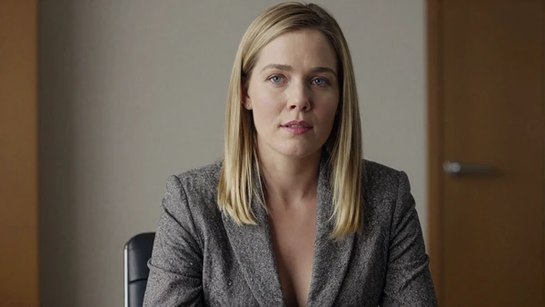 Woman in a grey blazer seated in a warmly lit office