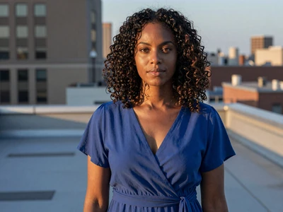Female oncologist standing on a city rooftop at sunset
