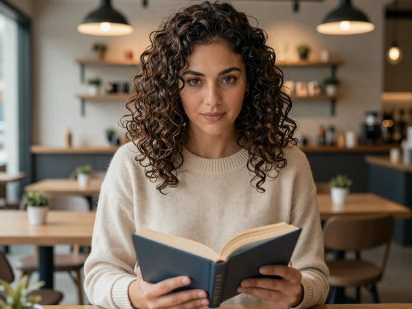 Female ophthalmologist reading a book in a modern coffee shop