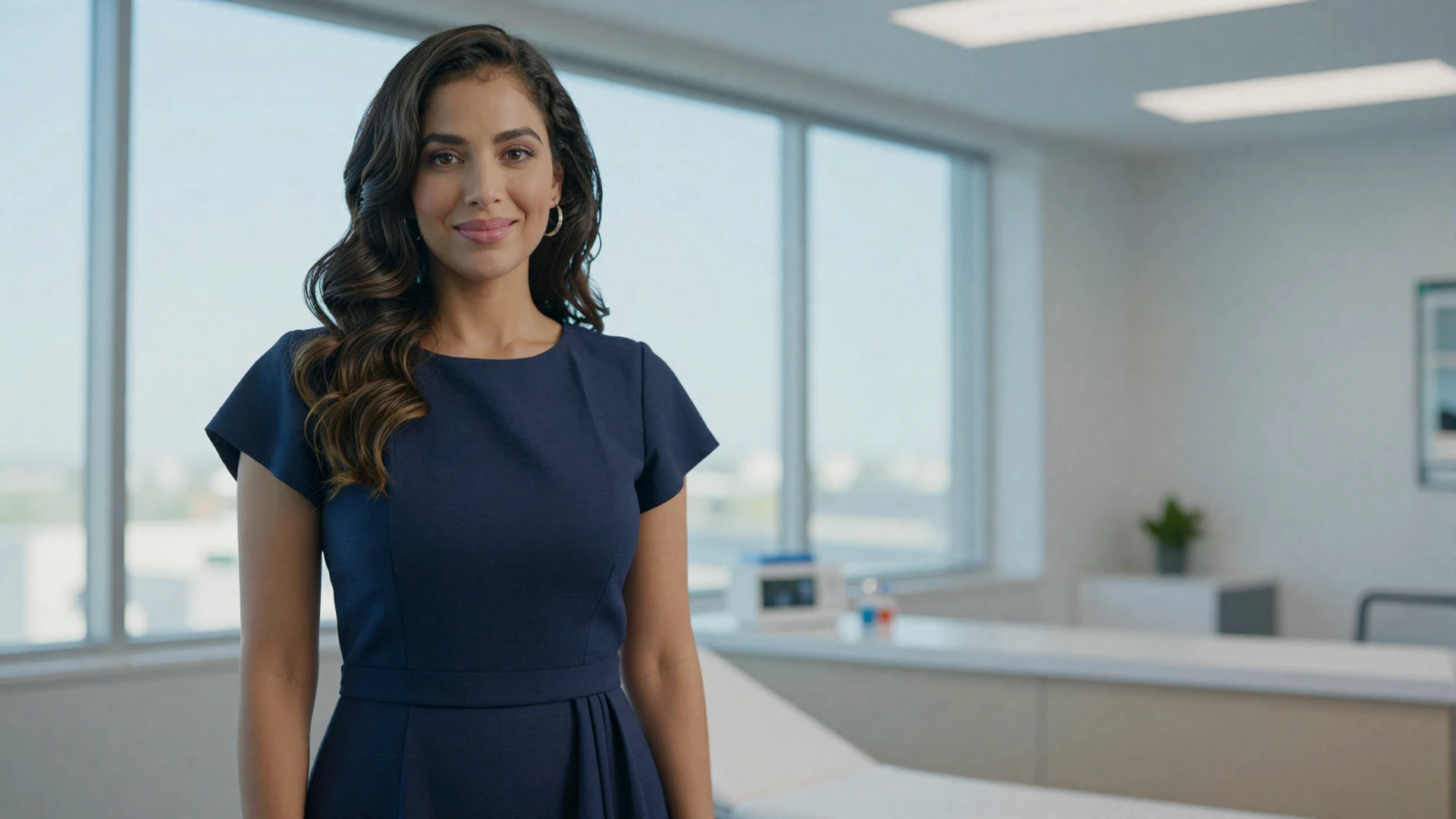 Female otolaryngologist in a navy dress standing confidently in a bright modern medical office