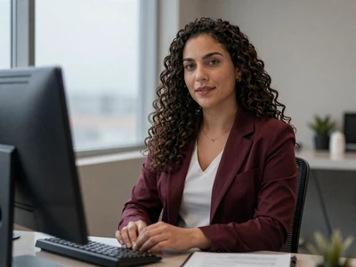 Latina nurse practitioner in a burgundy blazer working at a modern clinic desk