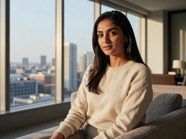 Female nephrologist relaxing on a sofa in a luxury apartment with city views