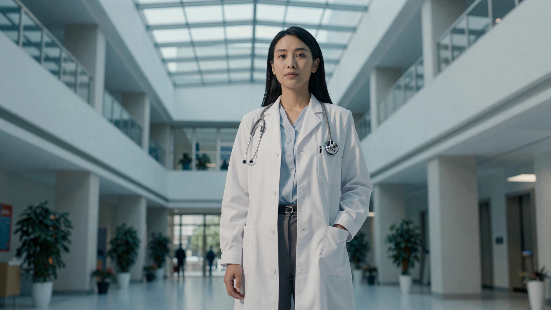 Female physician standing confidently in a modern hospital atrium with natural light