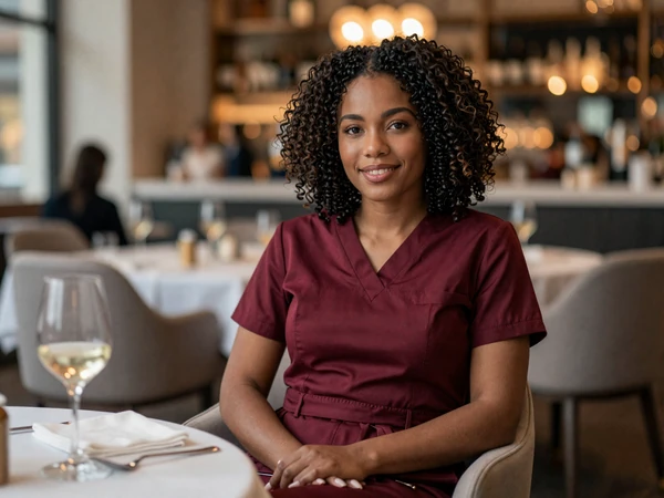 Female ICU nurse in an elegant dress enjoying dinner at an upscale restaurant after her shift