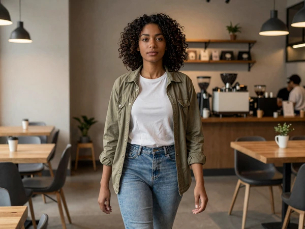 Female ER nurse walking through a modern coffee shop in casual attire