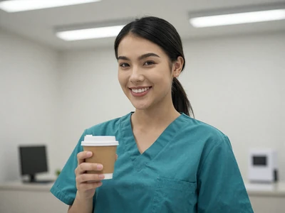 Asian woman in scrubs smiling in a clinic break room
