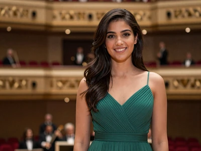 Woman in an elegant dress at a symphony hall lobby