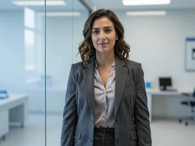 Female urologist in a charcoal blazer in a modern medical office lobby
