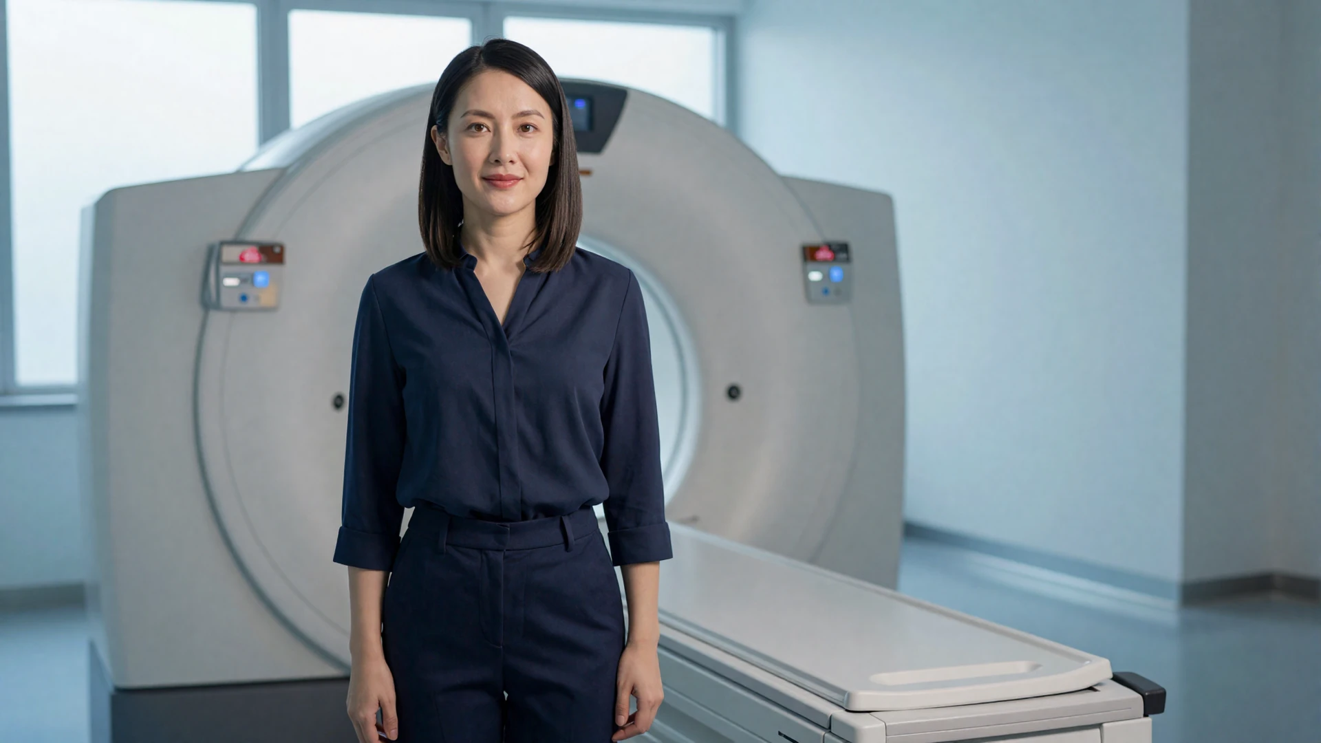 Female radiology technologist standing confidently in a modern medical imaging room