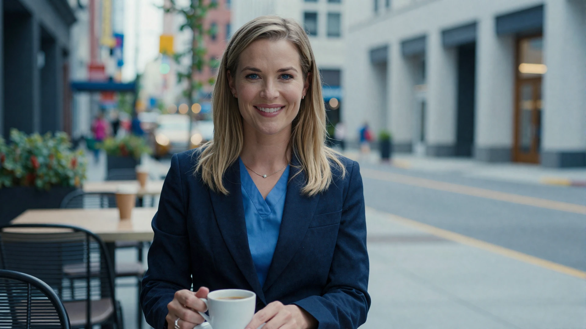 Female licensed practical nurse in smart casual attire relaxing at an outdoor cafe