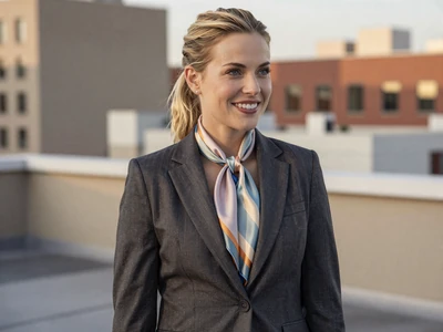 Woman in a blazer on a city rooftop at golden hour