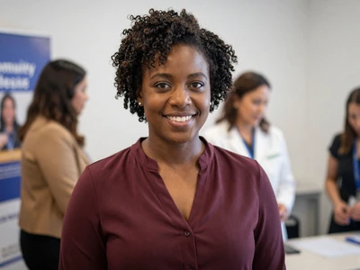 Black woman in business-casual attire at a community health event