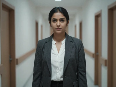 Female surgeon in a charcoal blazer standing in a modern hospital corridor