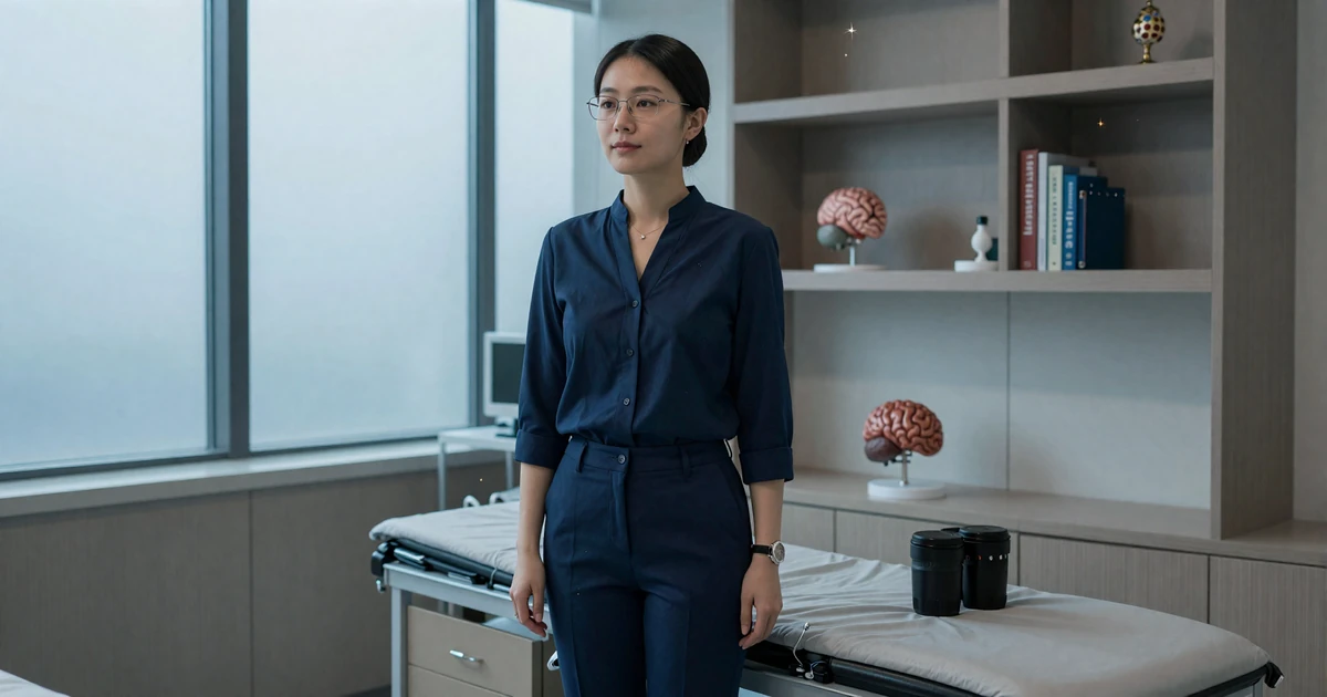 Female neurologist standing in a modern neurology clinic with a brain model on the shelf
