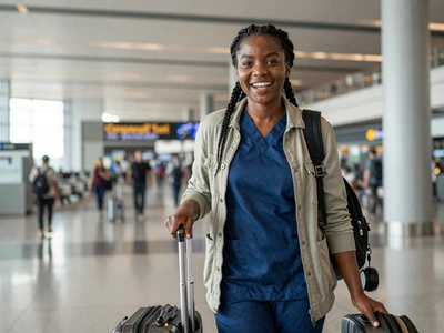 Black female travel nurse with a suitcase at an airport terminal