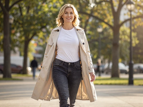 Female radiology technologist in premium everyday fashion walking through a sunny city park