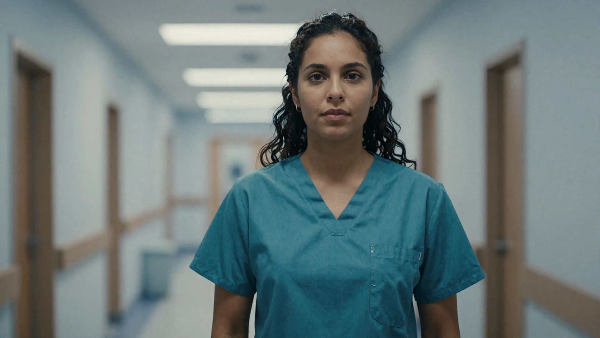 Female nurse anesthetist in teal scrubs standing confidently in a modern hospital corridor