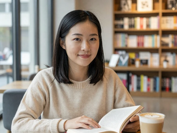 Woman in a knit sweater reading a novel at a bookstore cafe