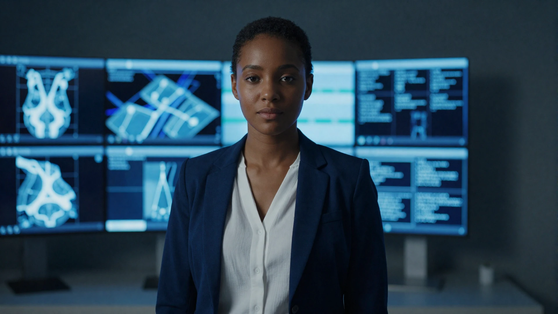 Female radiologist reviewing medical imaging on multiple monitors in a modern reading room